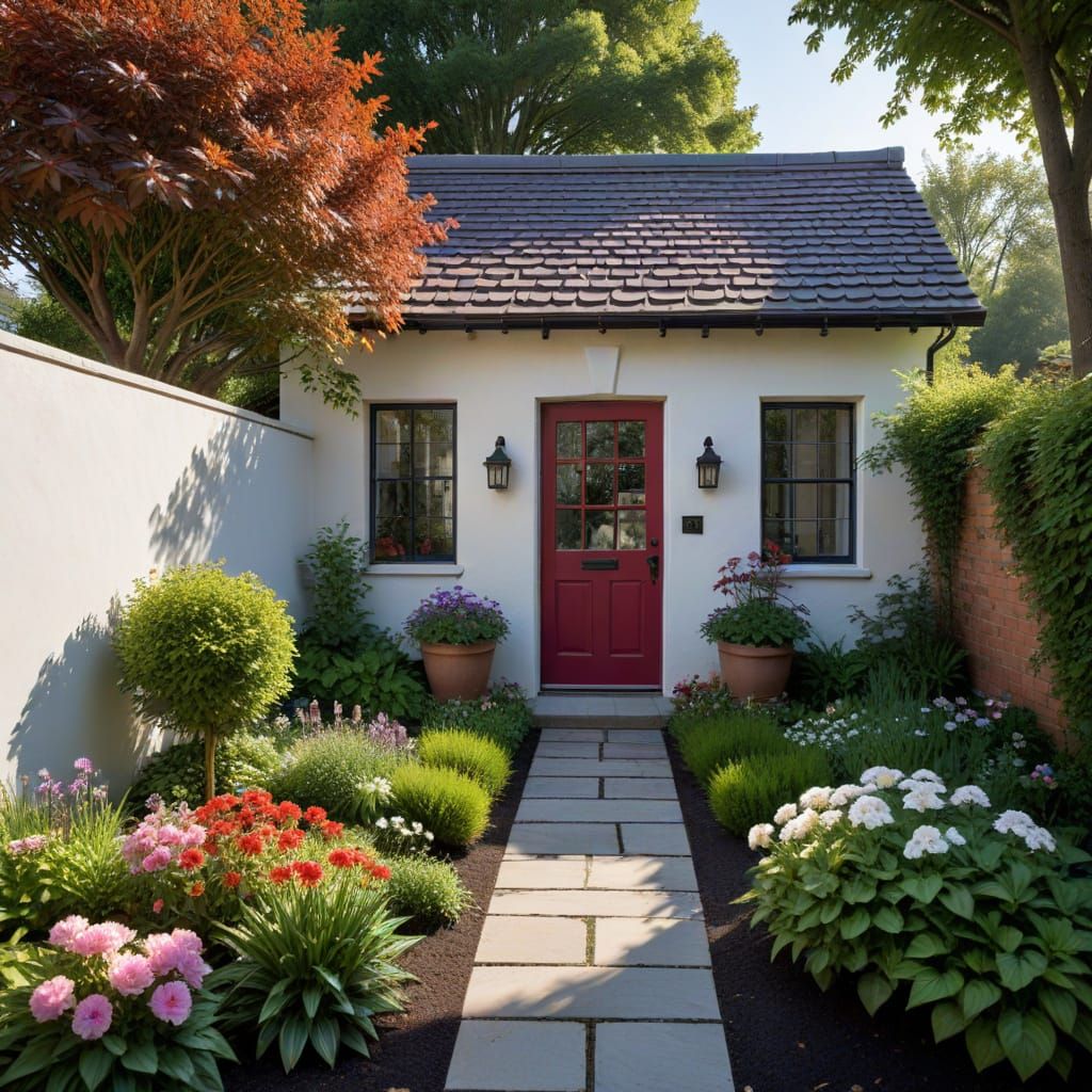 A small house .The house sits on a paved patio area with dark brown/gray stone tiles.