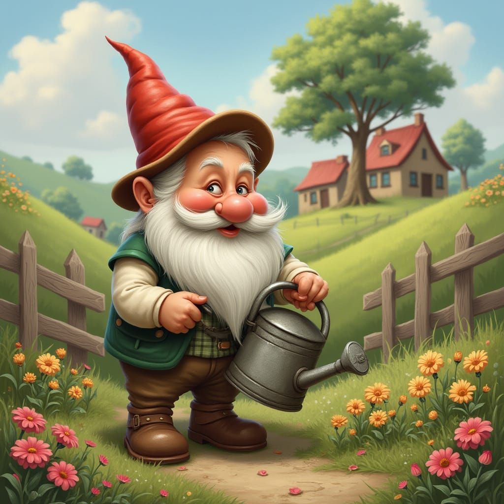 Whimsical Gnome Tending Flowers with Watering Can
