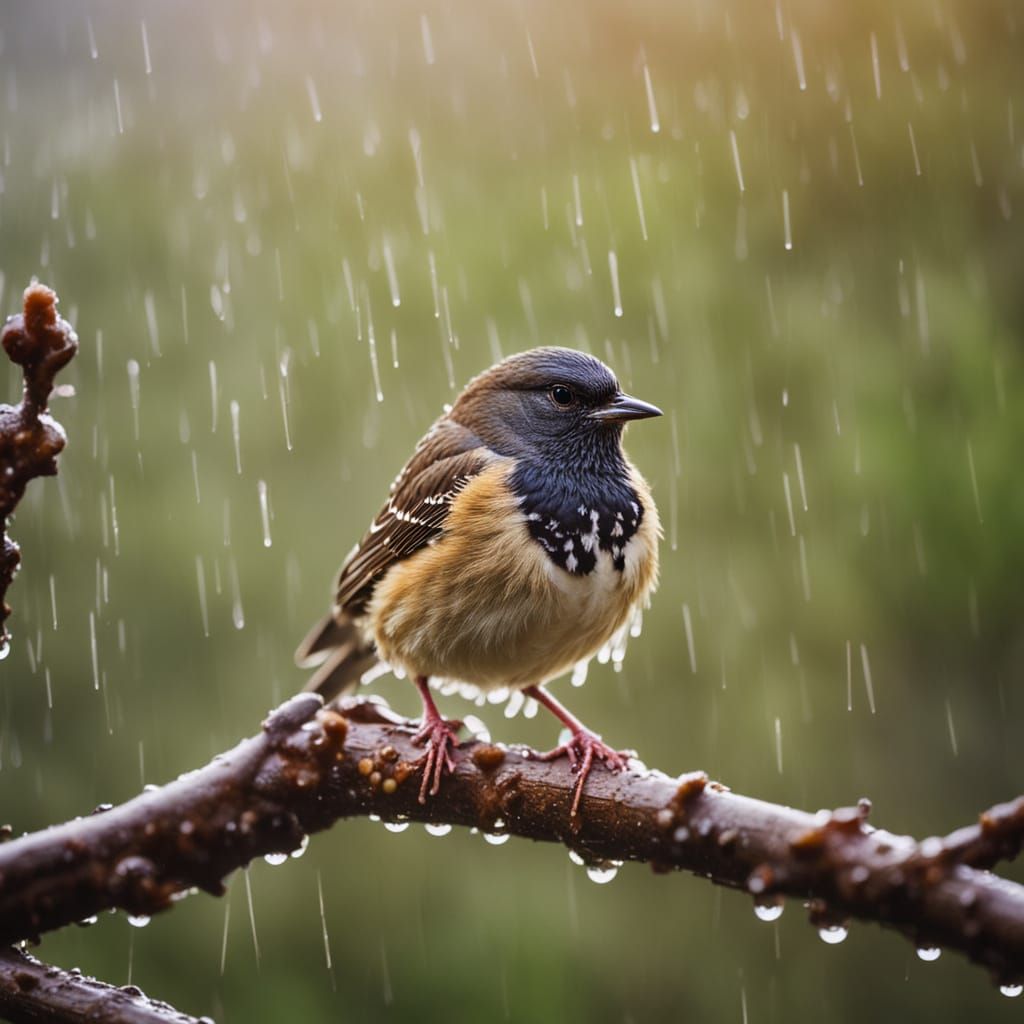 Black and White Songbird on Wet Branch in Golden Hour Rain