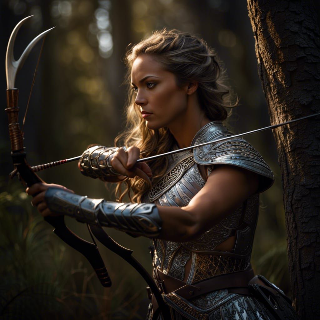 Huntress in Silver Armor: Light and Oil Painting