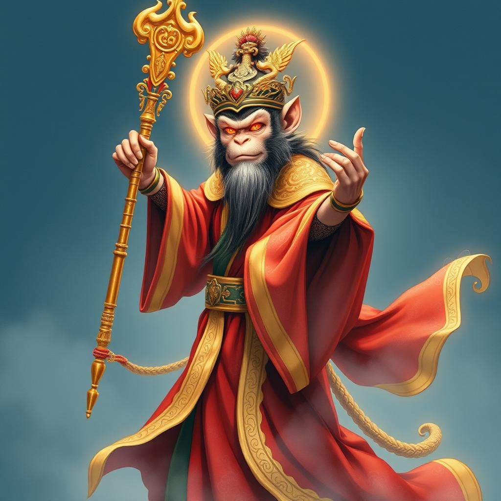 Sun Wukong Portrait with Golden Staff in Chinese Watercolor ...