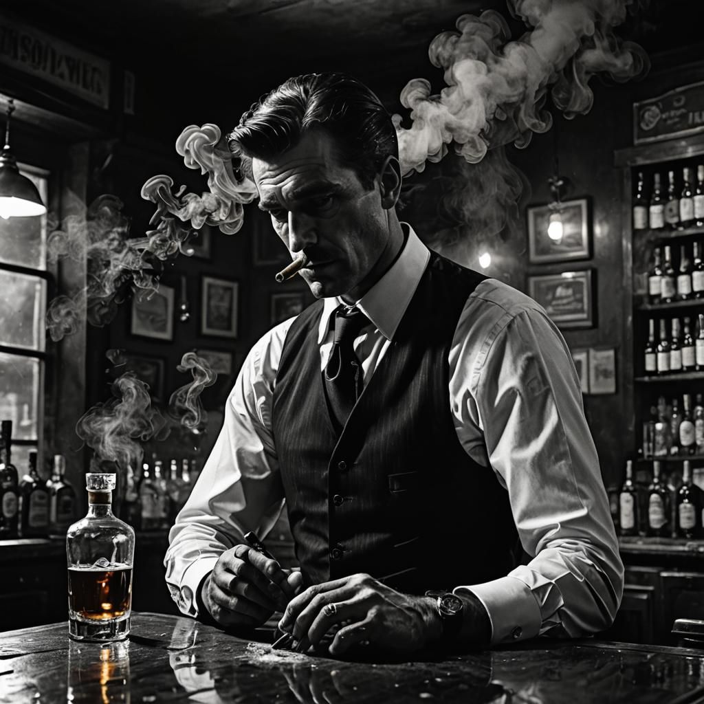 Noir Bar Scene with Waiter and Whiskey
