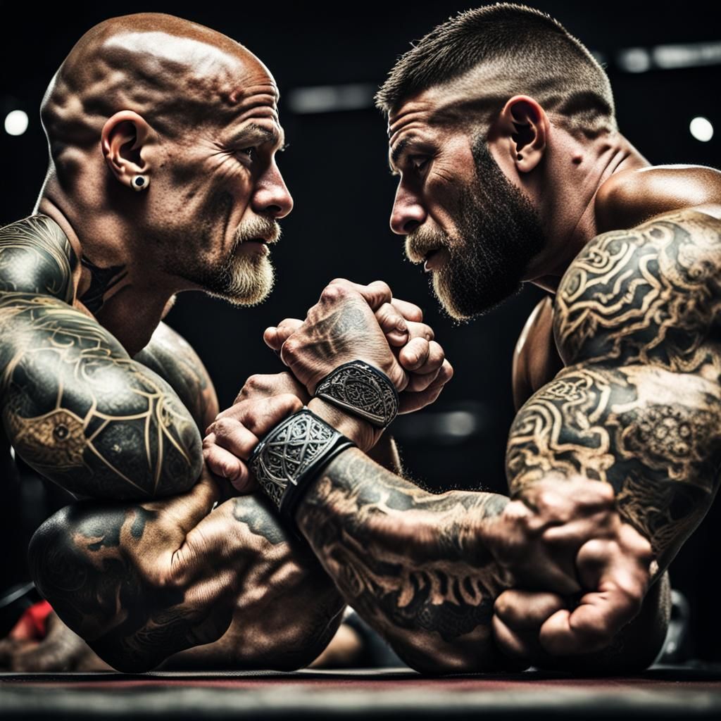Muscular Tattooed Arm Wrestlers in Intense Competition