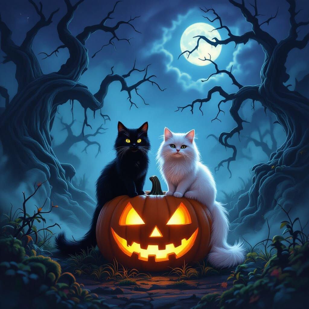Haunted Halloween Scene with Cats and Jack-o'-lantern