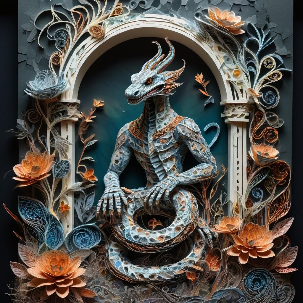 Quilled Statue in Nostalgic Ruins: Gouache Watercolor