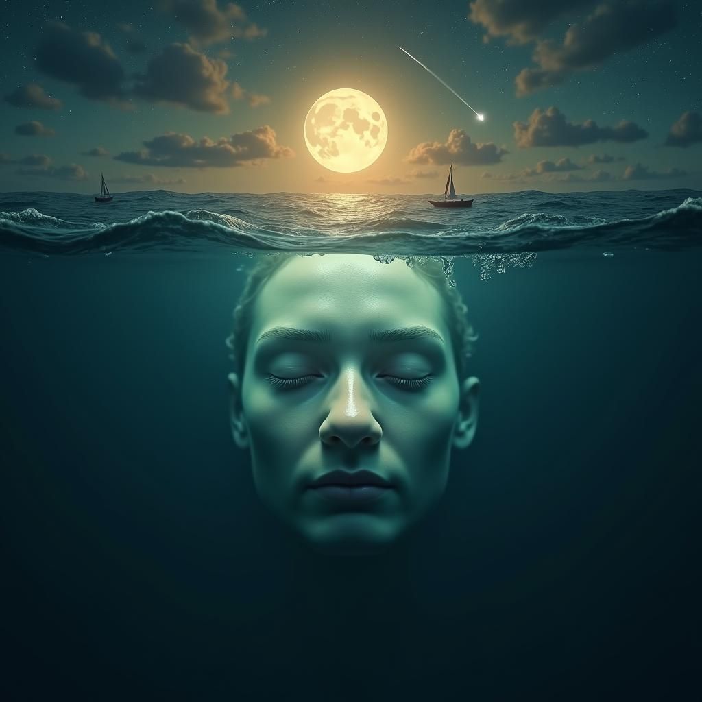 Underwater Face Lit by Moon and Stars