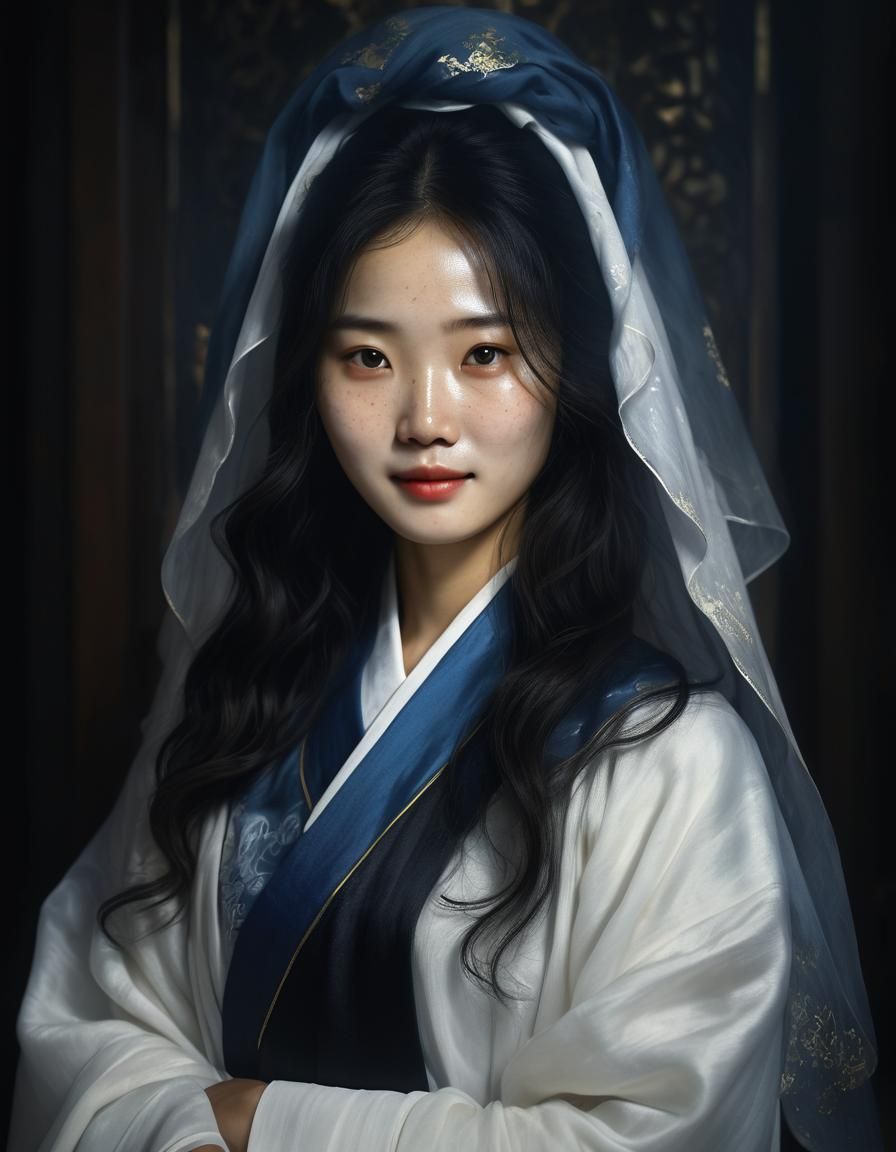 Korean Woman Portrait in Chiaroscuro Oil Style