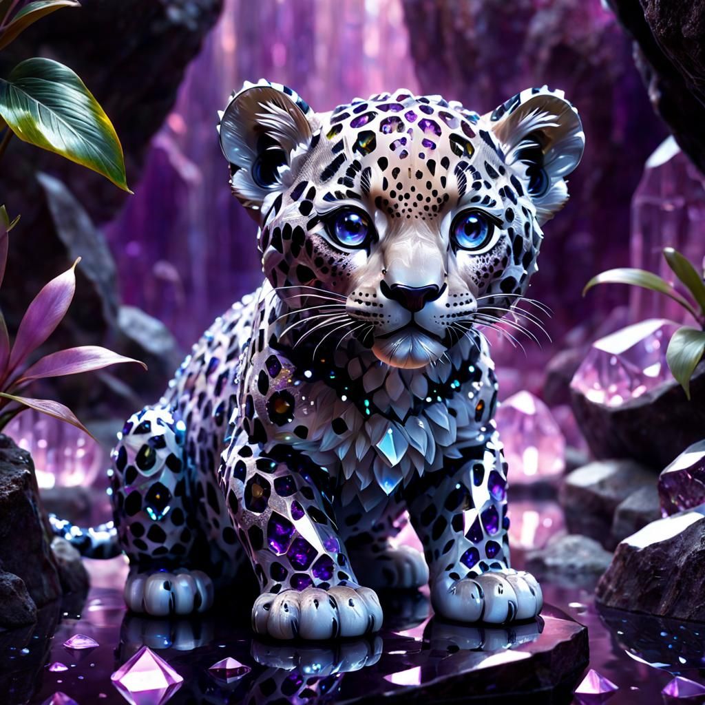 Crystal Jaguar Cub with Glowing Eyes