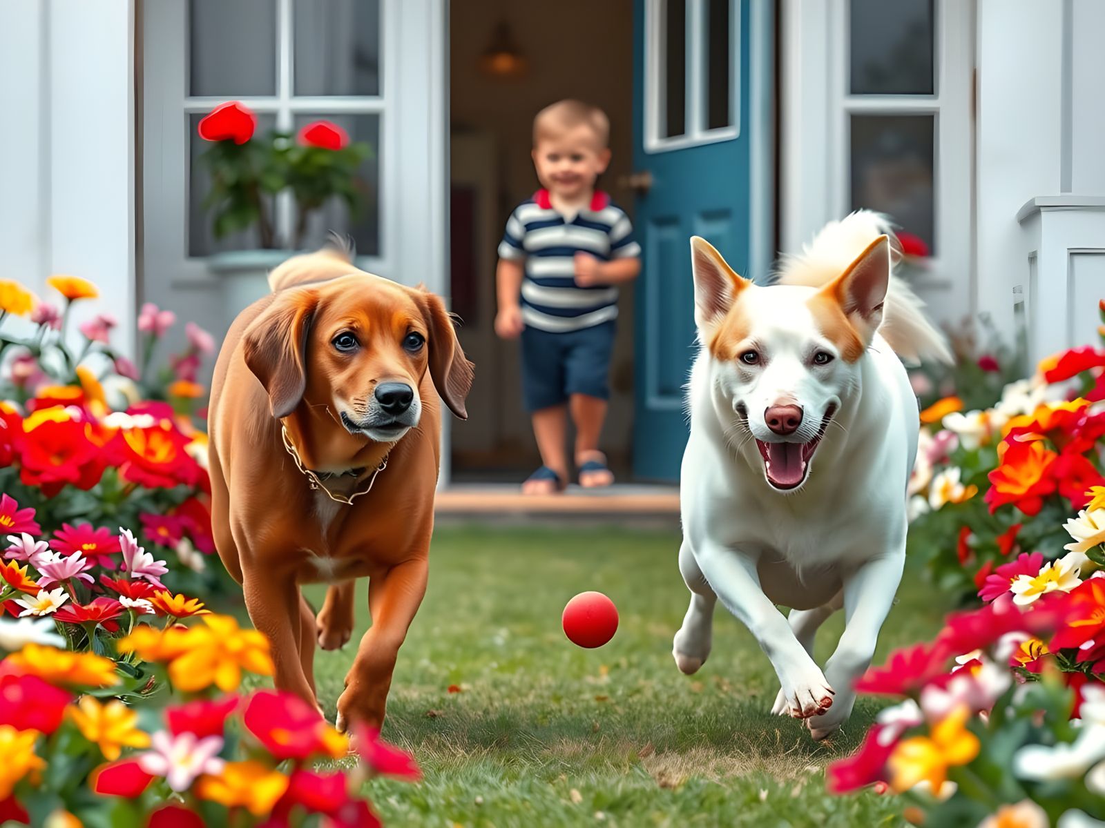 Canine Duo Chases After Red Ball in Vibrant Garden