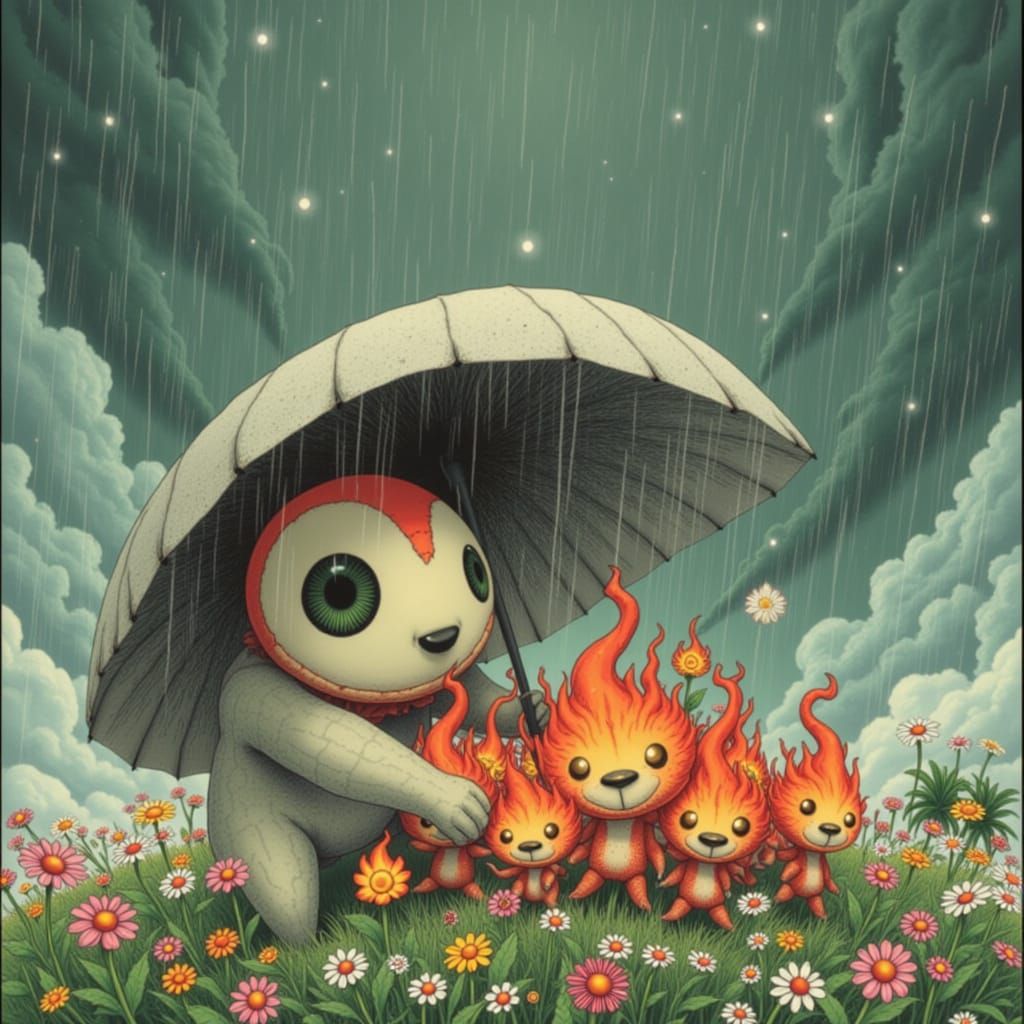 Benevolent Giant Shelters Fire Elementals: Studio Ghibli Sty...