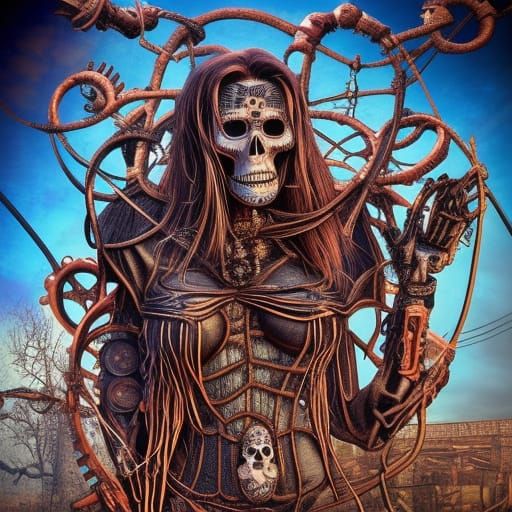 Detailed Skeleton with Barbwire in Gothic Steampunk Style