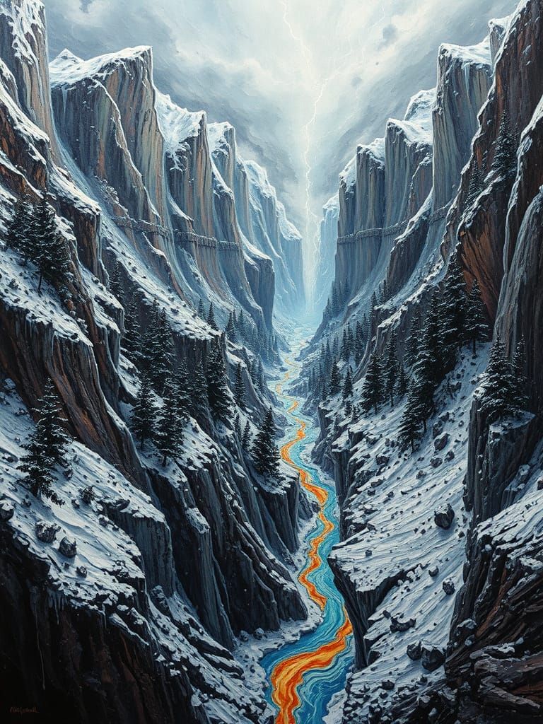 Molten Acrylic Landscape with Snow Rivers