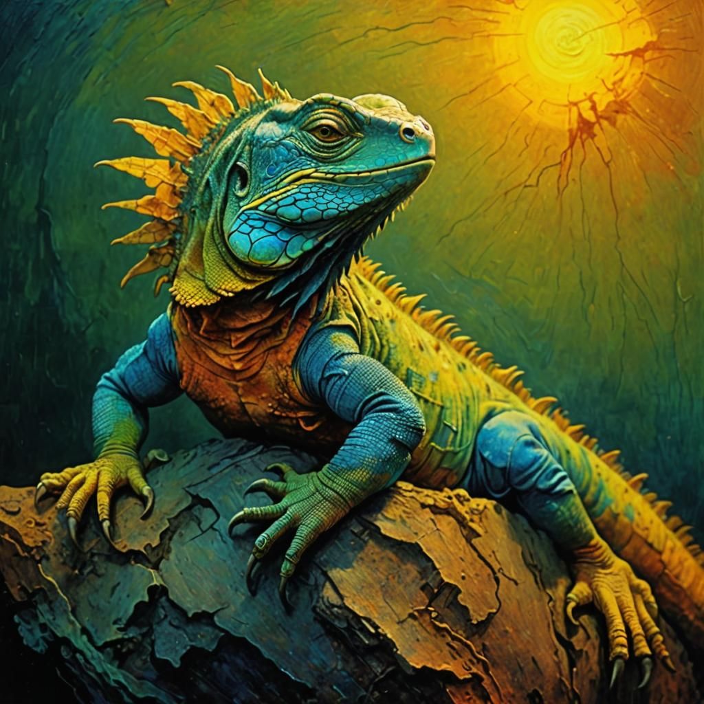 Iguana in Surrealist Impasto Style with Cool Colors