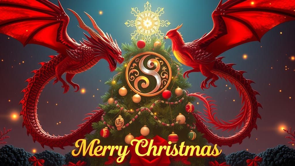 Majestic Holiday Wonderland with Red Dragon, Phoenix Bird, a...