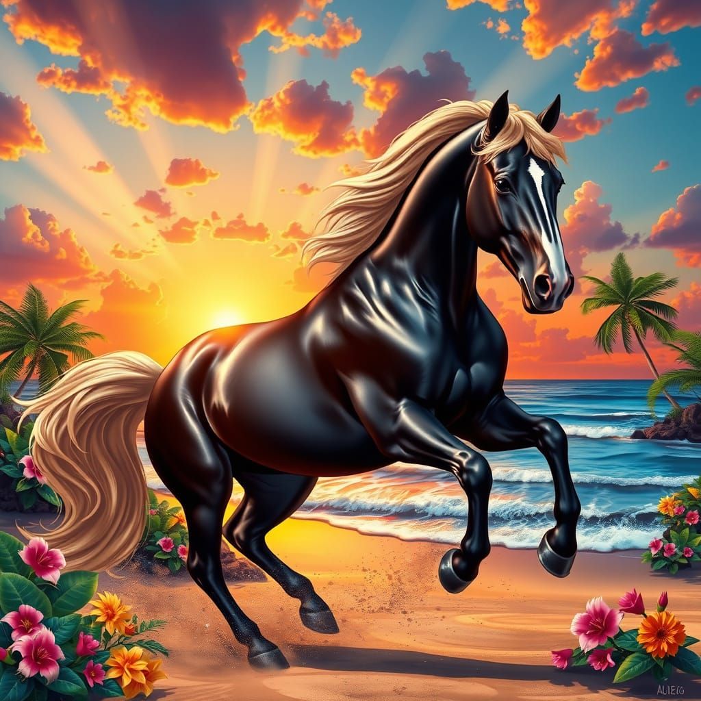 Regal Black Arabian Stallion in Sunset Glory