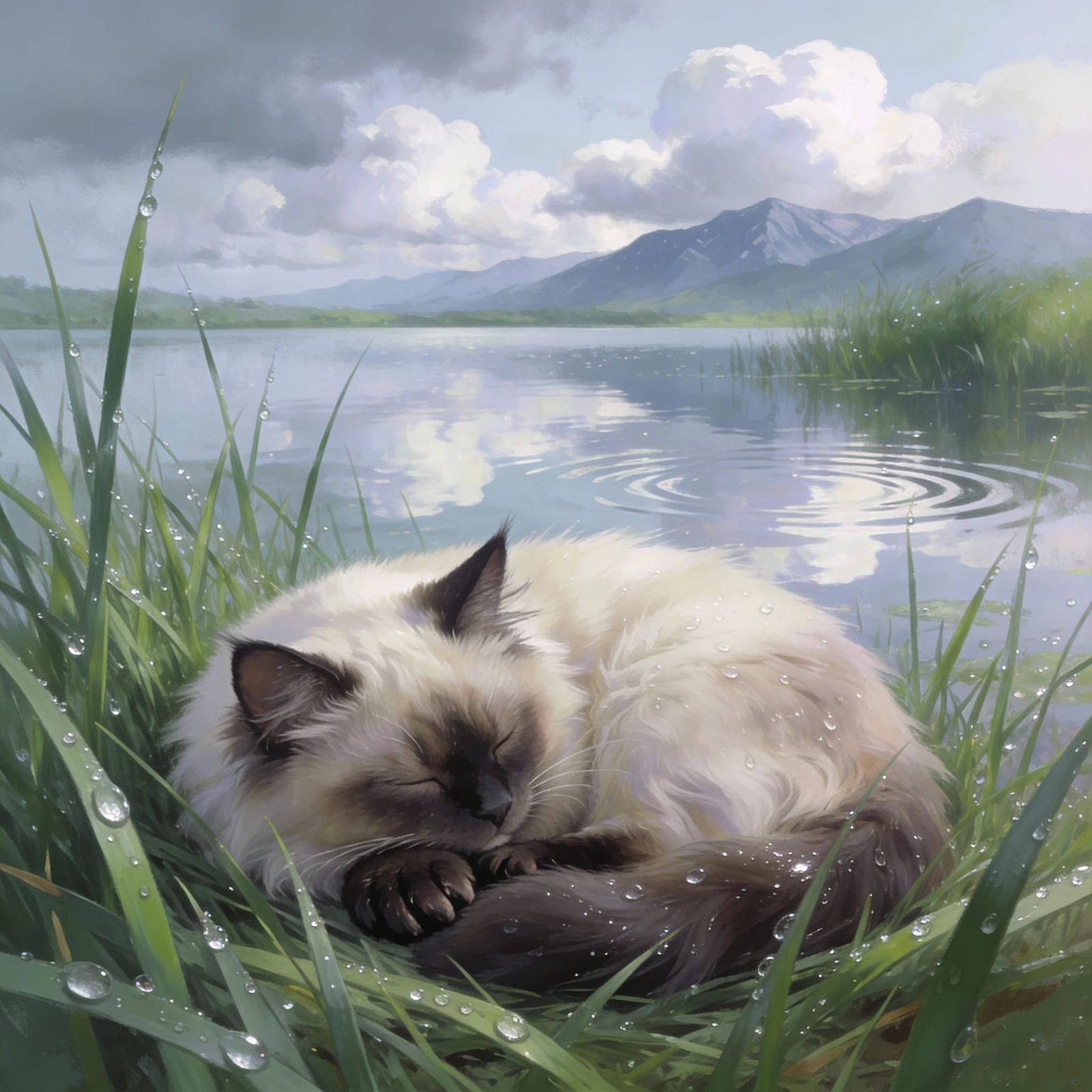 A hyperdetailed Himalayan cat asleep in the grass on a cloudy day by a lake.