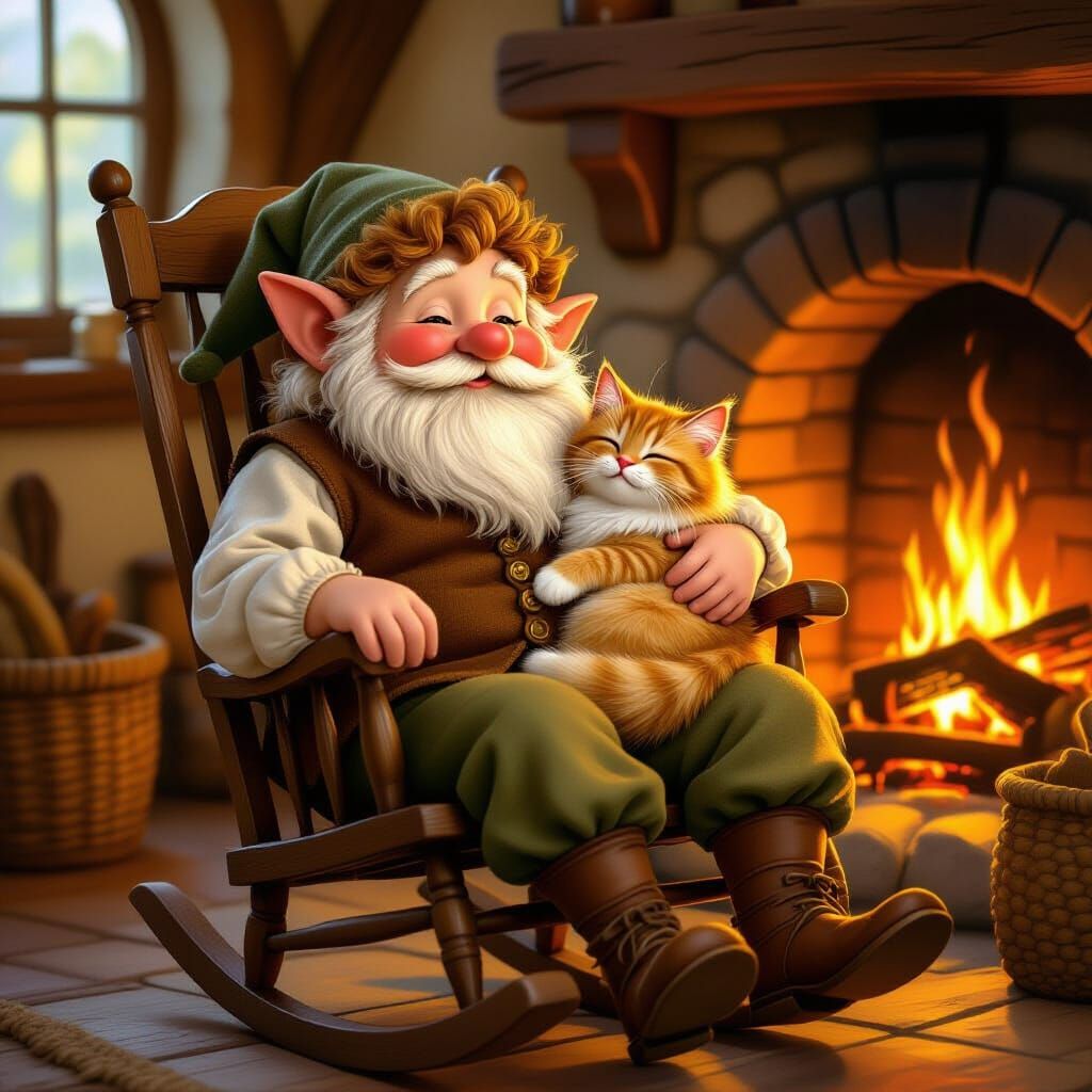 Cozy Hobbit Cuddling Cat by Fireplace in Storybook Style