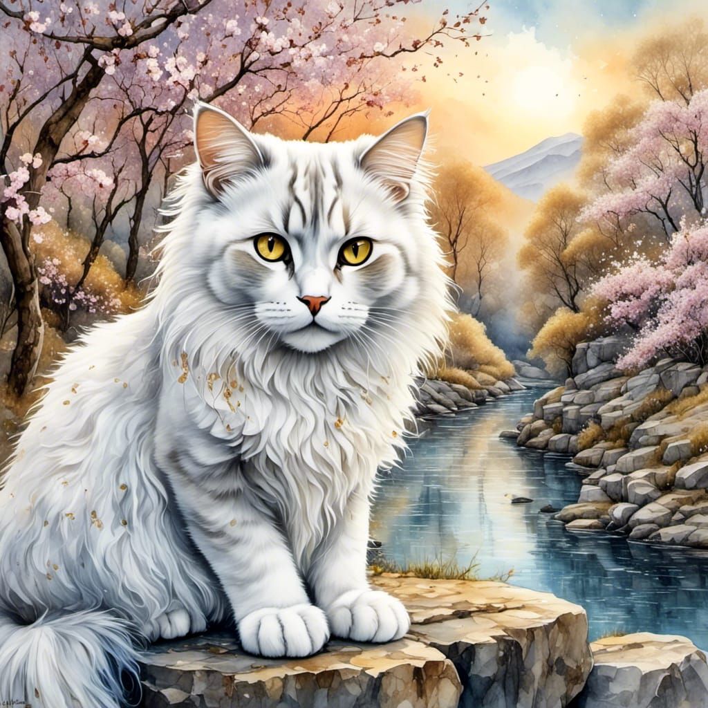 Fluffy White Cat Portrait Overlooking Gorge at Sunrise