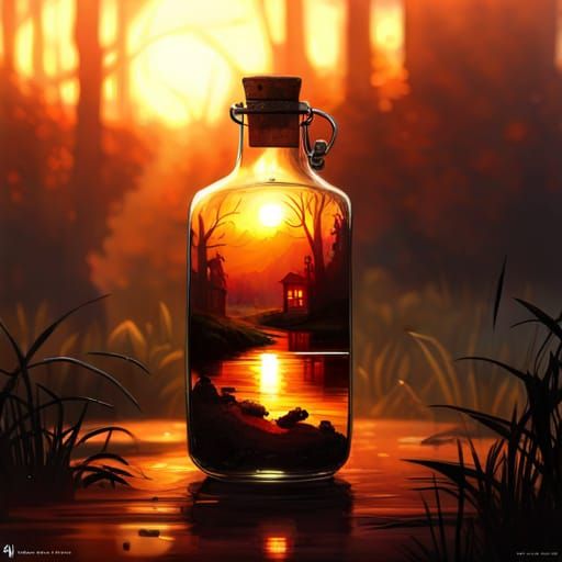 Fireflies in a Bottle at Sunset, Detailed Fantasy Art