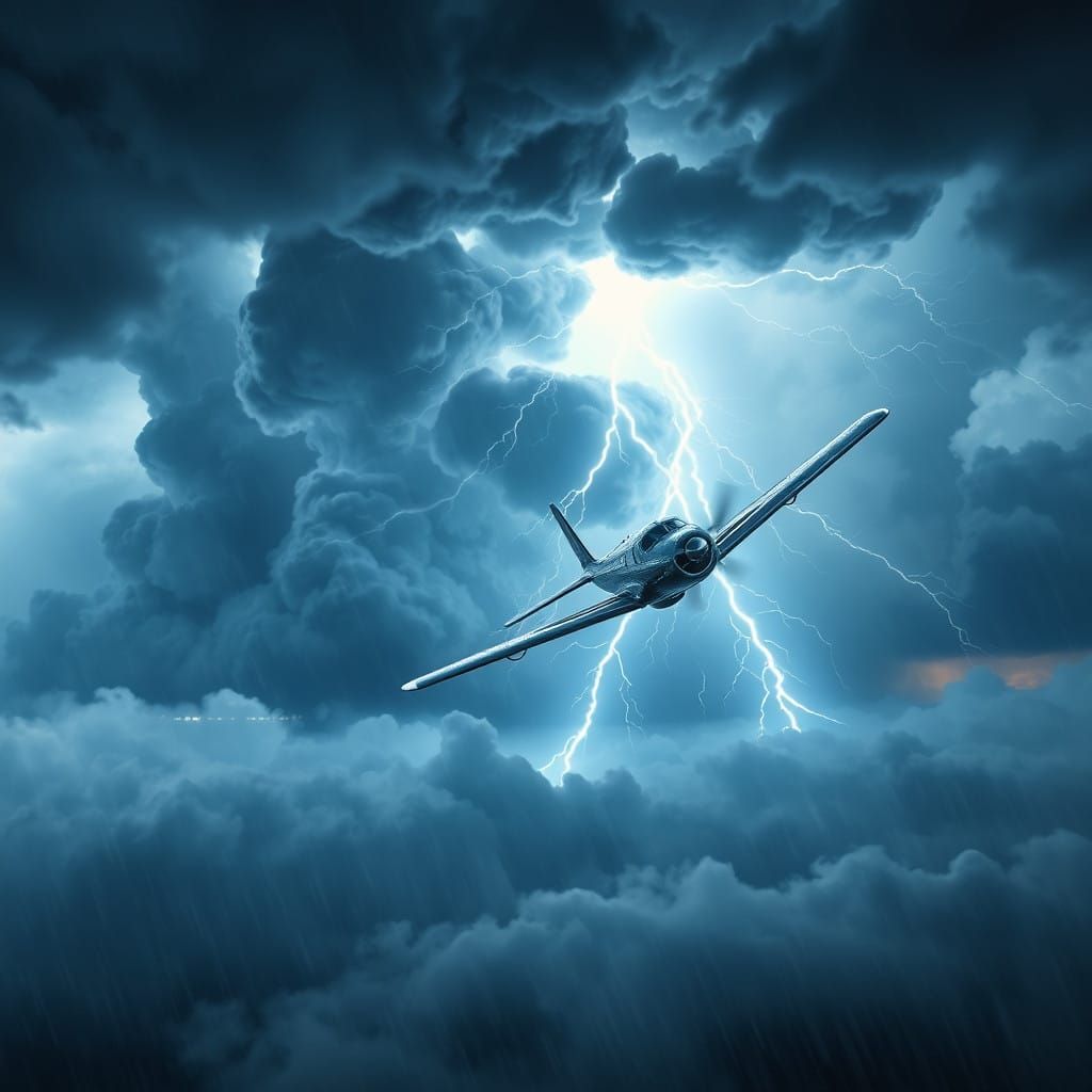 Small Plane Flies Close to Turbulent Storm Clouds