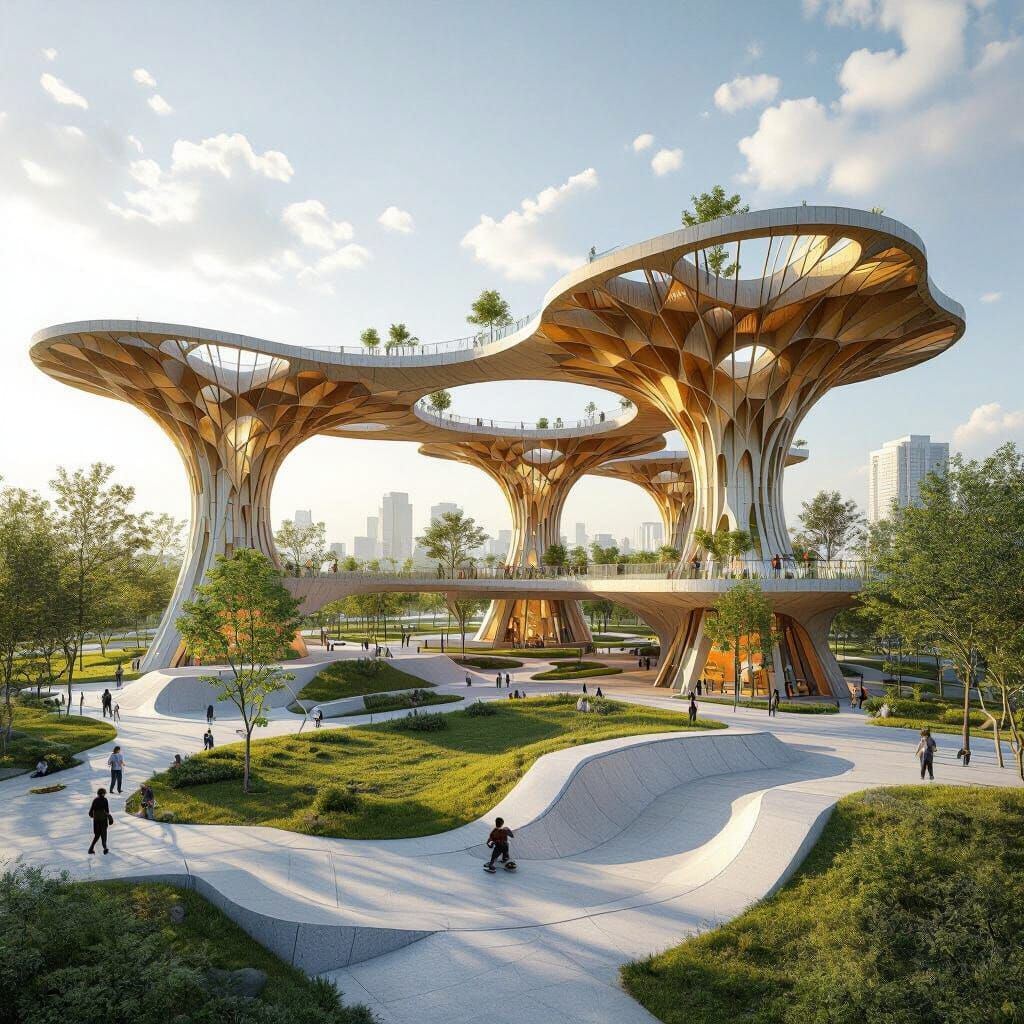 Futuristic Organic Urban Park with Elevated Timber Skate Tra...