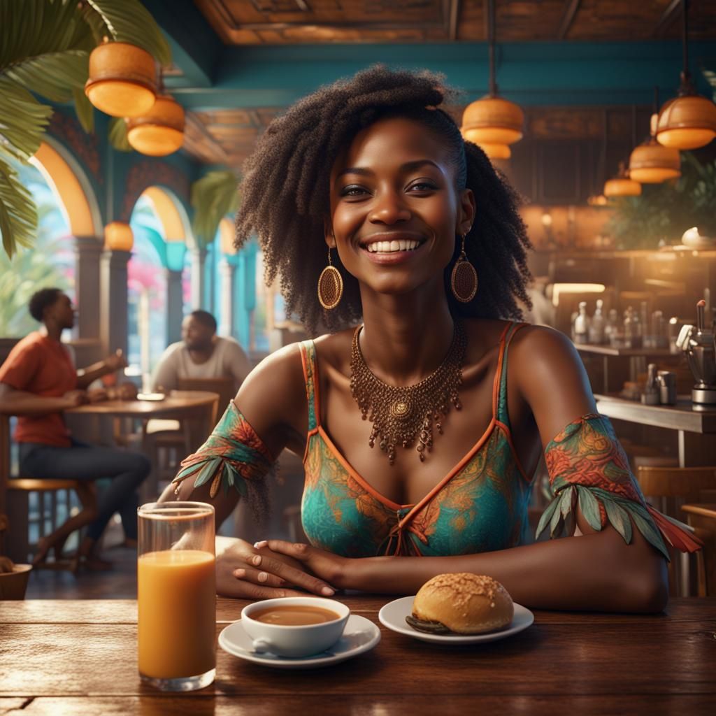 Happy Caribbean Woman in Cafe: Detailed Matte Painting
