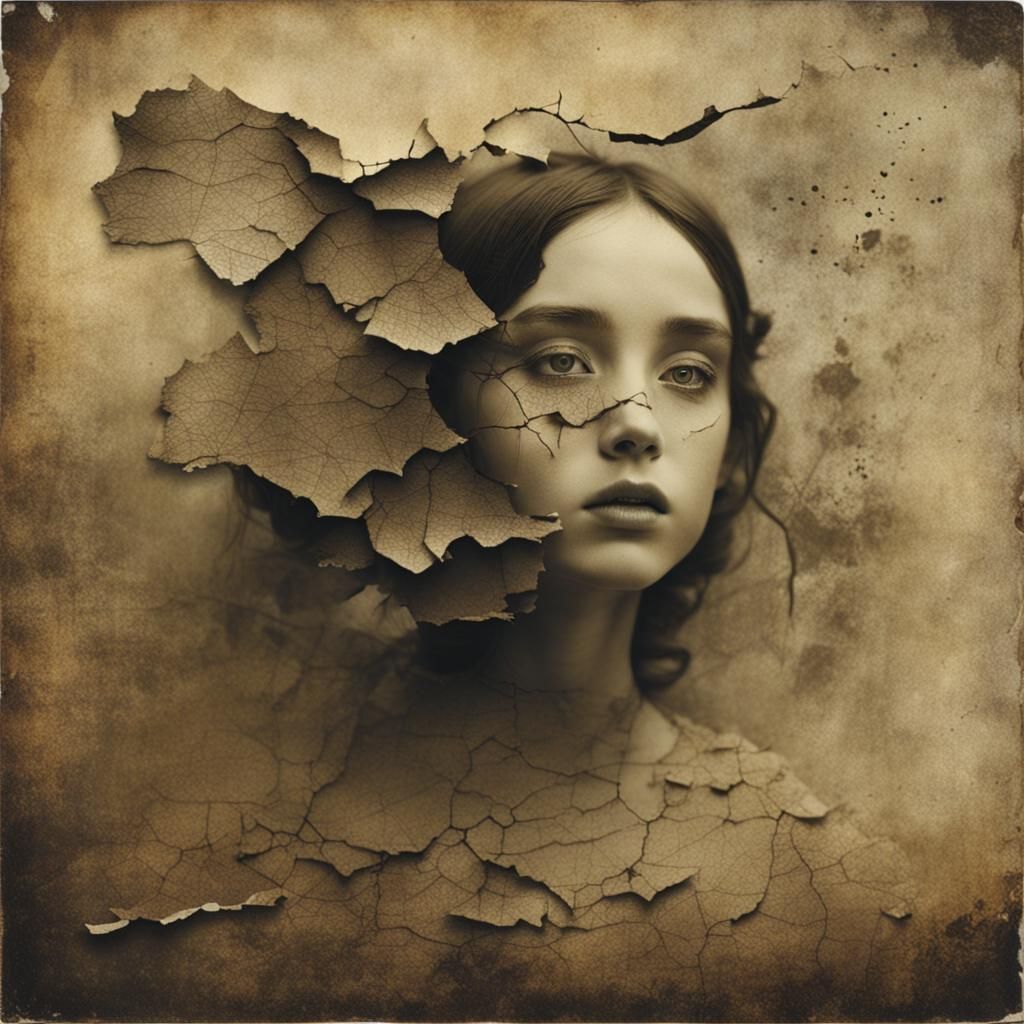 Vintage Surrealist Postcard on Cracked Paper