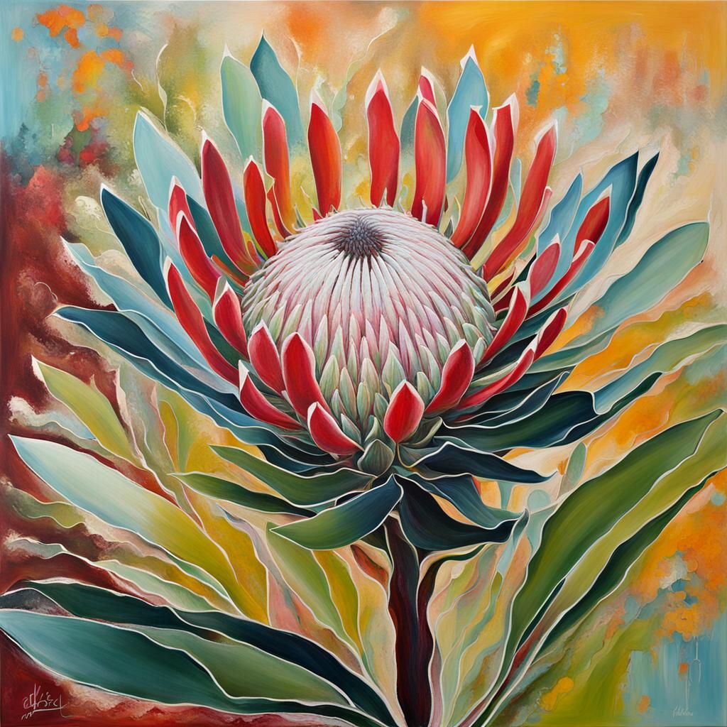 Abstract Protea Flower Painting in Complementary Colors