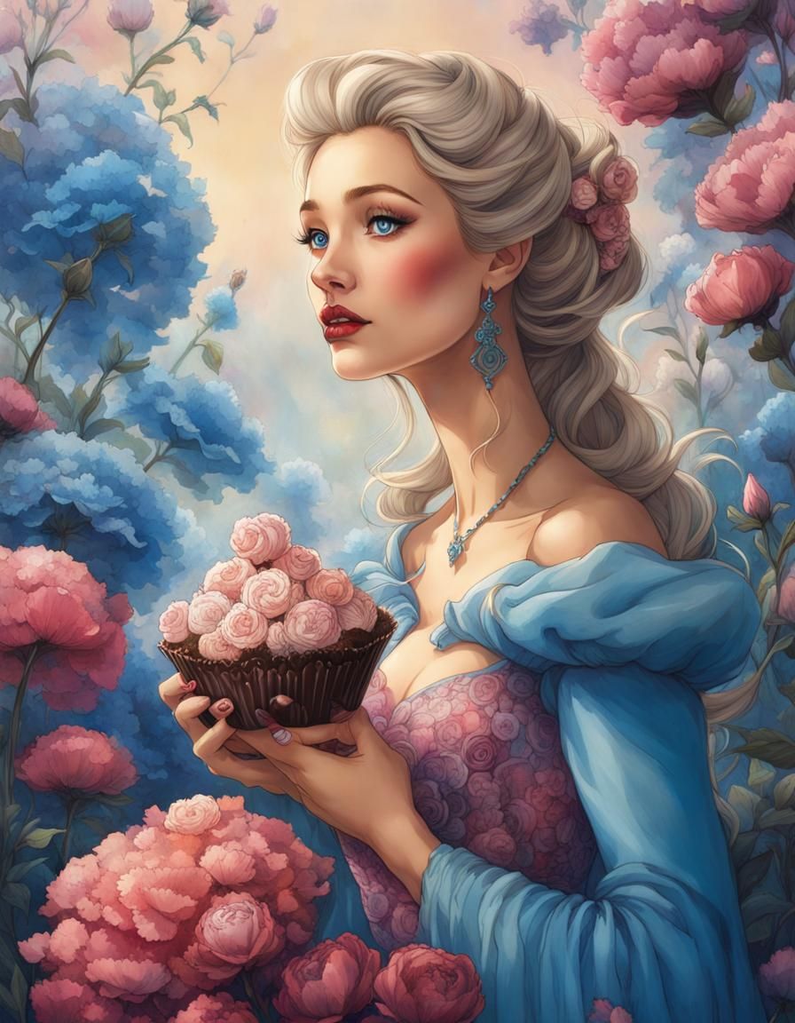 Cinderella in Flower Field, Fantasycore Ink Illustration