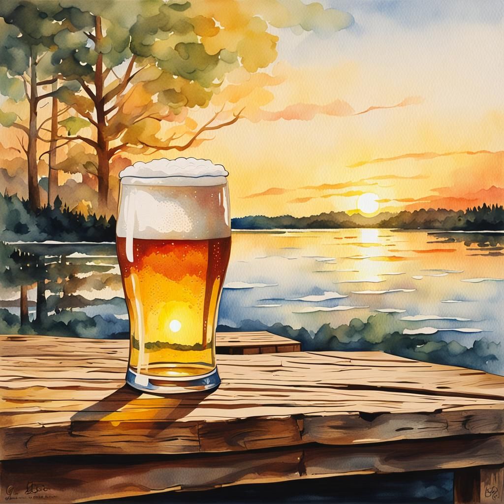 Watercolor Beer Pint at Sunset Lake