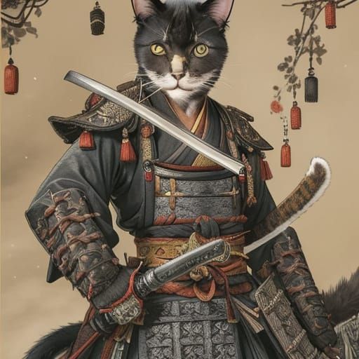 Intricately Detailed Cat Samurai in Traditional Japanese Uki...