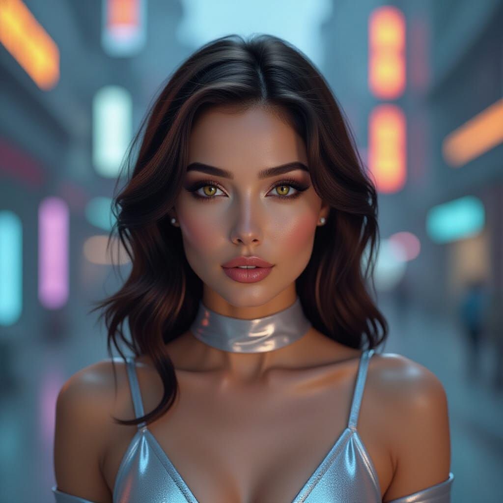 Glitched Cyberpunk Portrait of Woman in Silver Dress