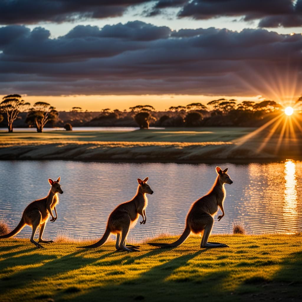 Vibrant Australian Sunset with Kangaroos: Photography