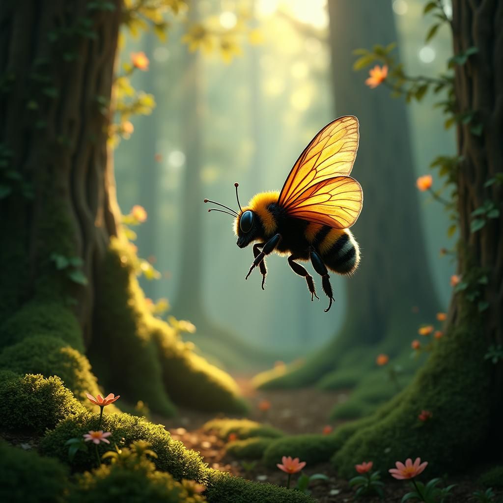 Bumblebee Butterfly in Mystical Forest, Digital Render