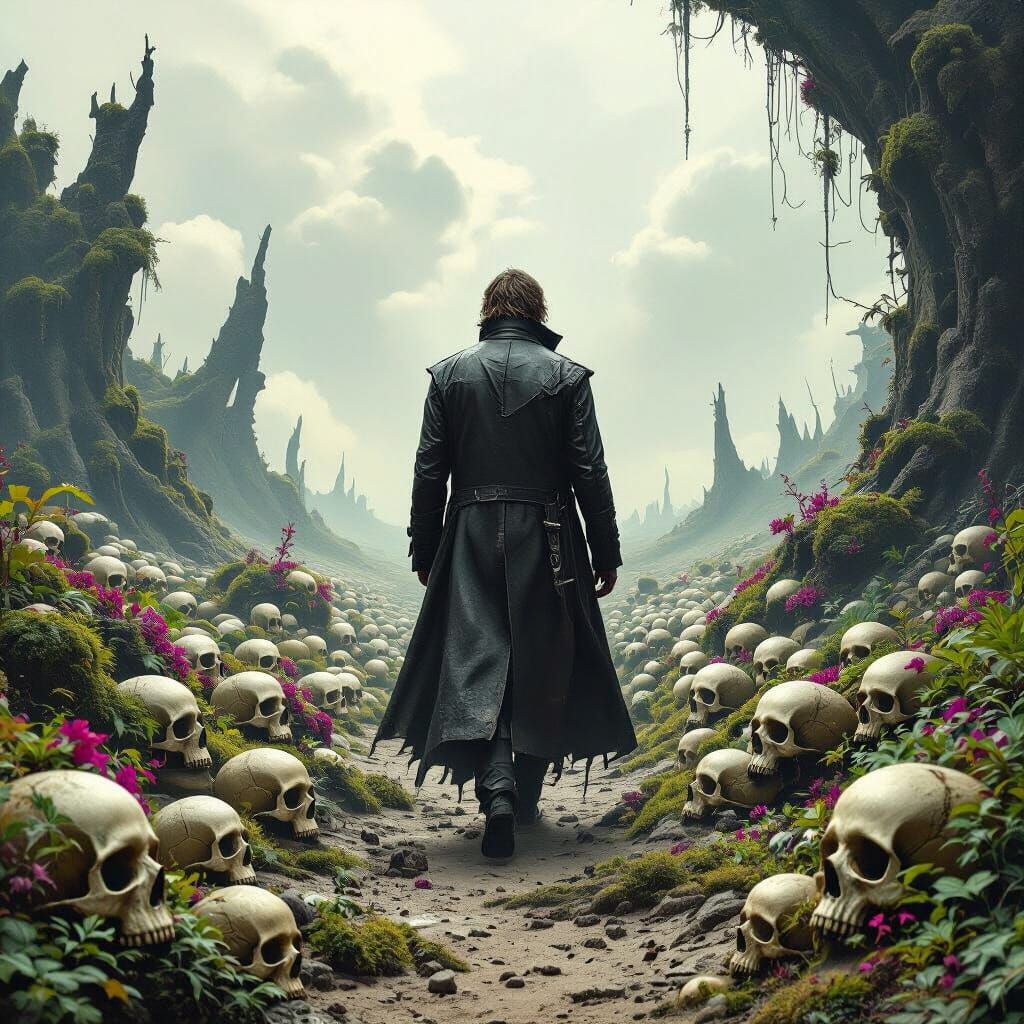 Man Walks Through Skull Landscape With Biomechanical Element...