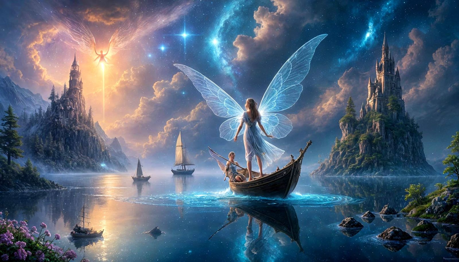 Ethereal Fairy Guides Sailboat Through Nebula