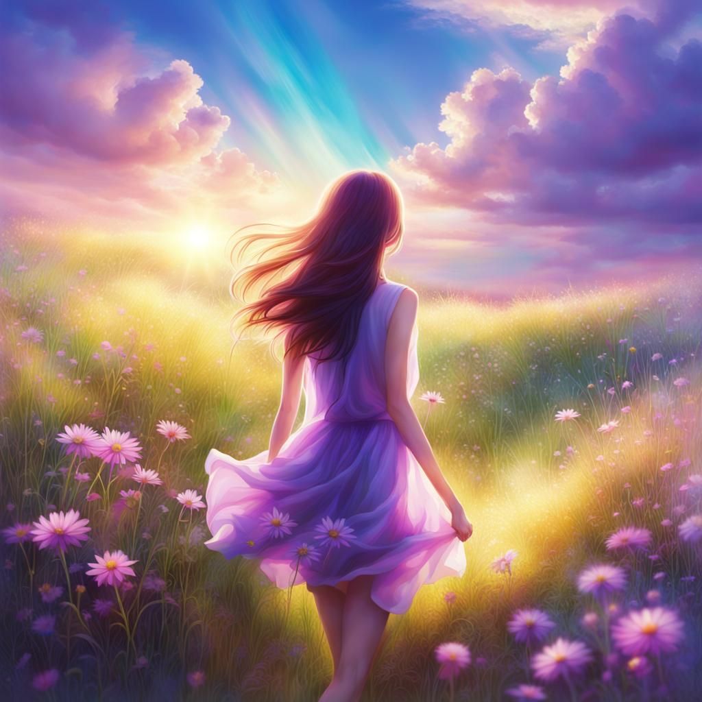 Girl Runs Through Glowing Flower Field