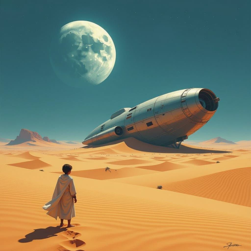 Dutch Boy Gazes at Desert Spaceship Under Twin Moons