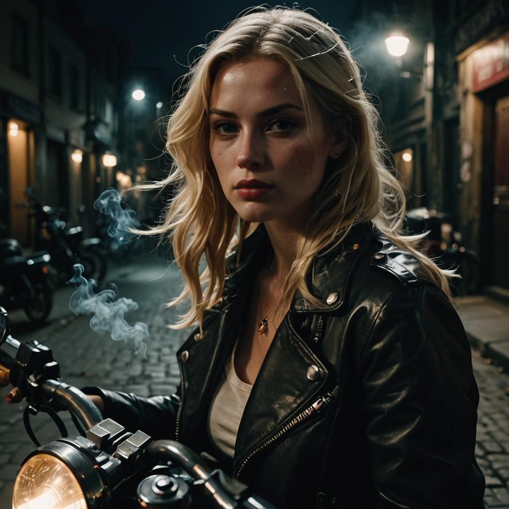 Film Noir Selfie of Woman on Motorcycle