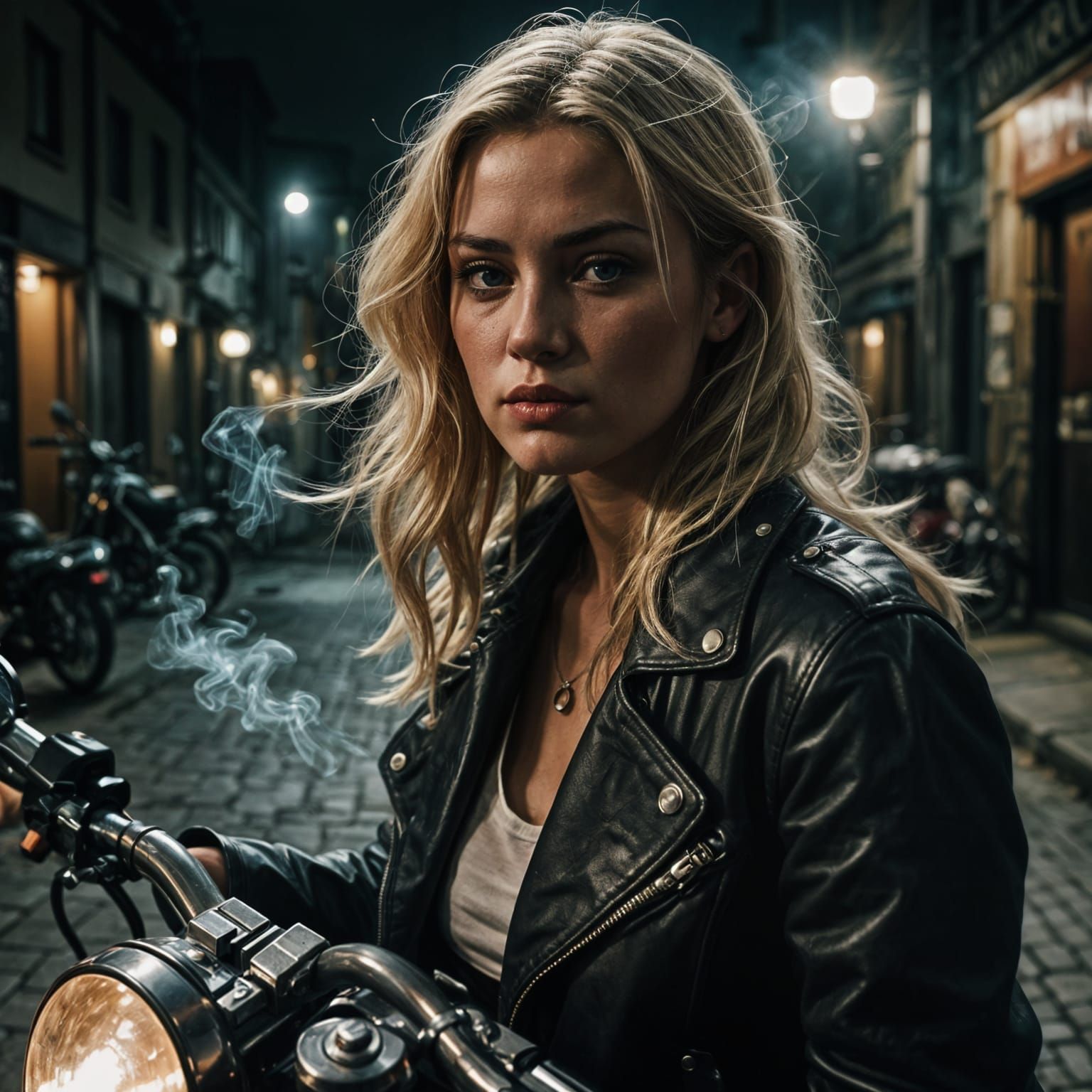 Badass Girl on Motorbike in Dark Alley