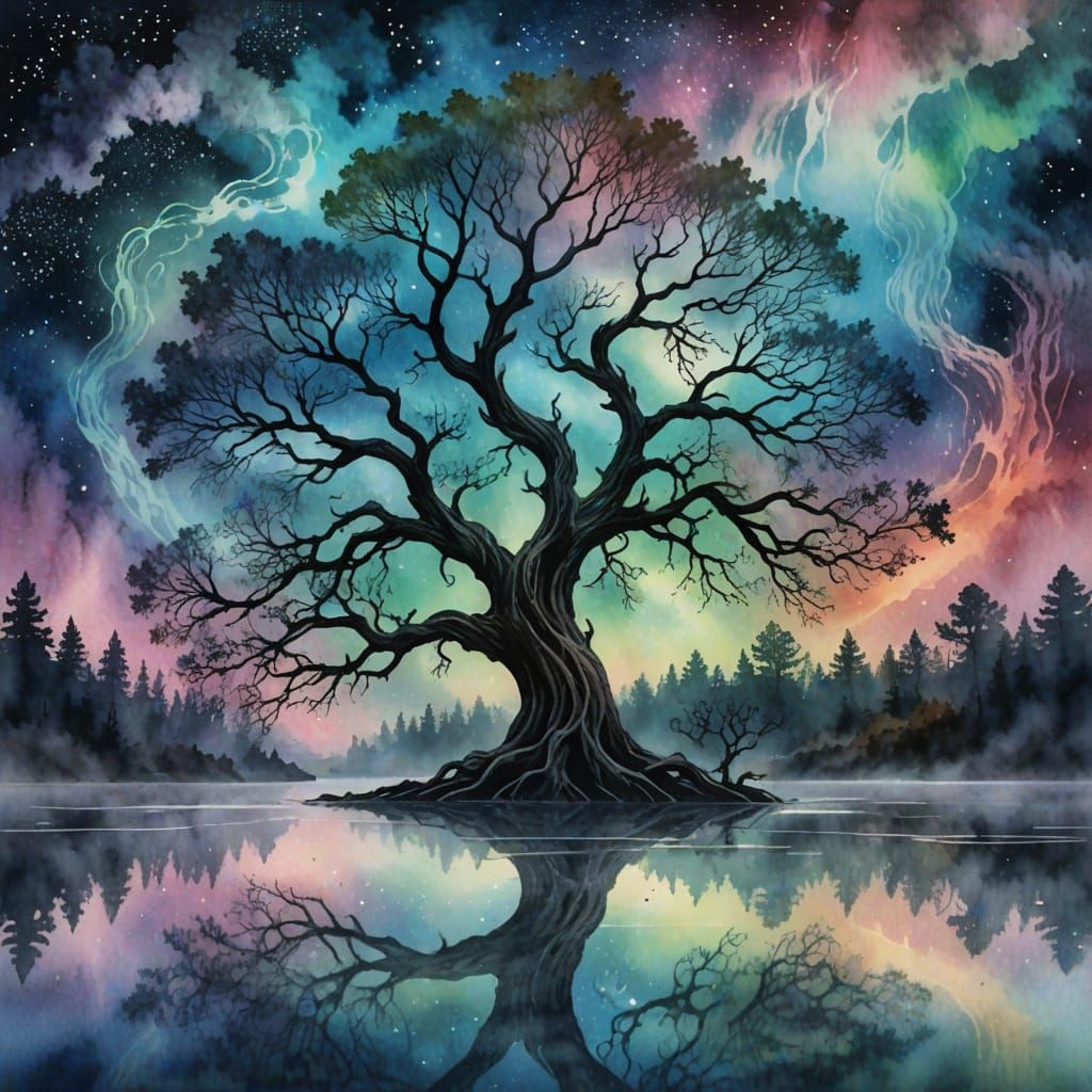 Ancient Tree on Misty Lake Under Nebula in Watercolor Style