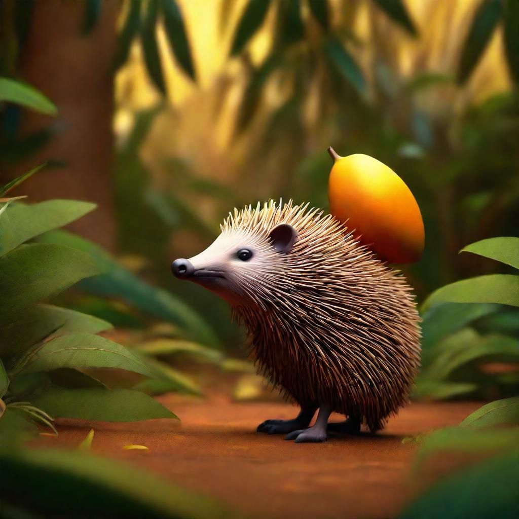 Cute Echidna with Mango in Jungle, 3D Digital Art