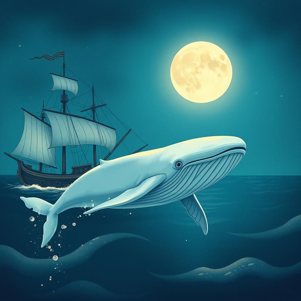 Moonlit Whale and Ship in Children's Illustration Style