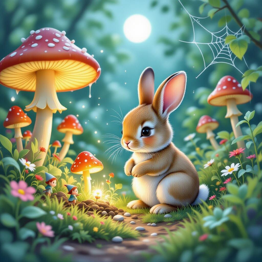 Whimsical Rabbit Tends Magical Garden with Glowing Mushrooms