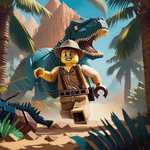 Indiana Jones running from a dinosaur