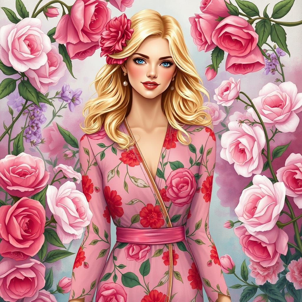 Elegant Blonde Woman Strolls in a Floral Alley