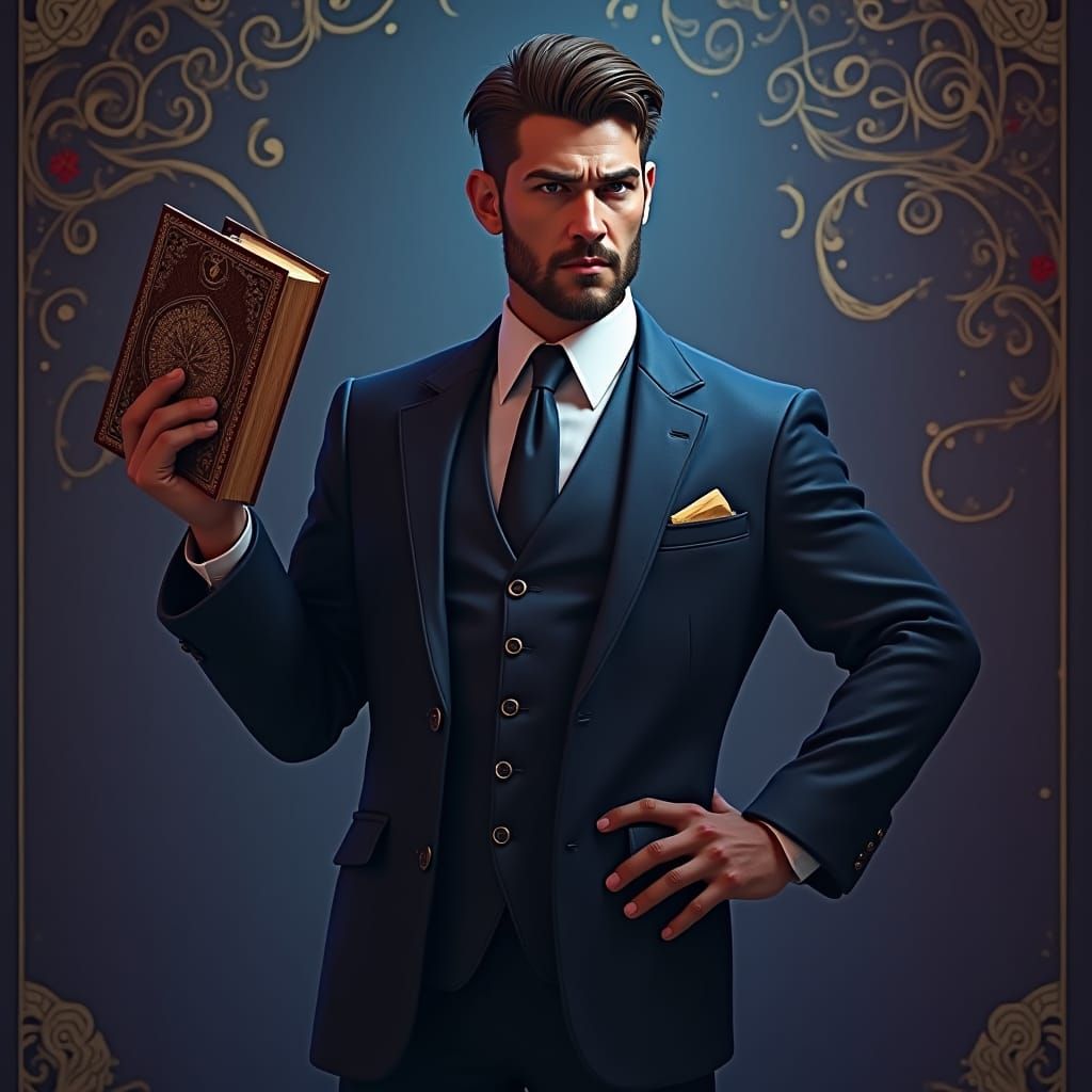 Intense Man in Suit with Ancient Book