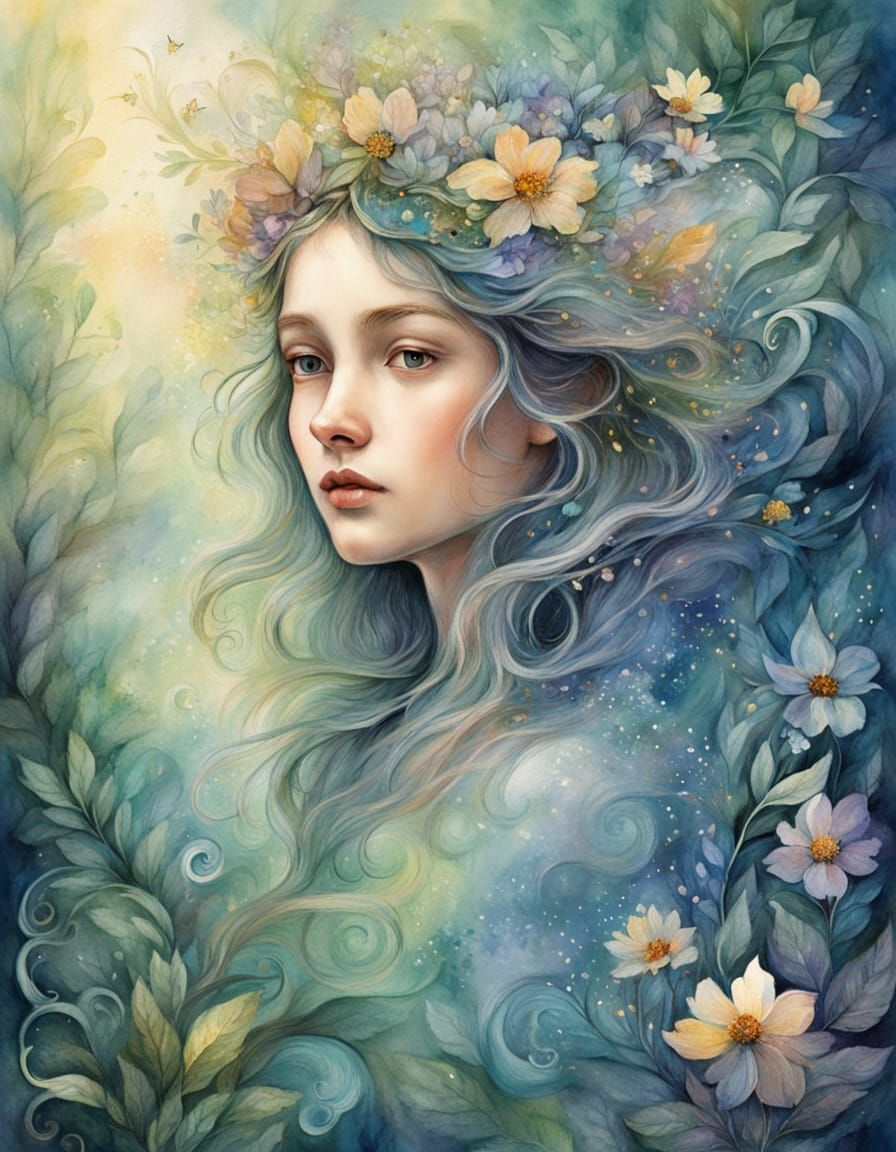 Whimsical Fantasy Portrait of a Young Girl in a Lush Forest