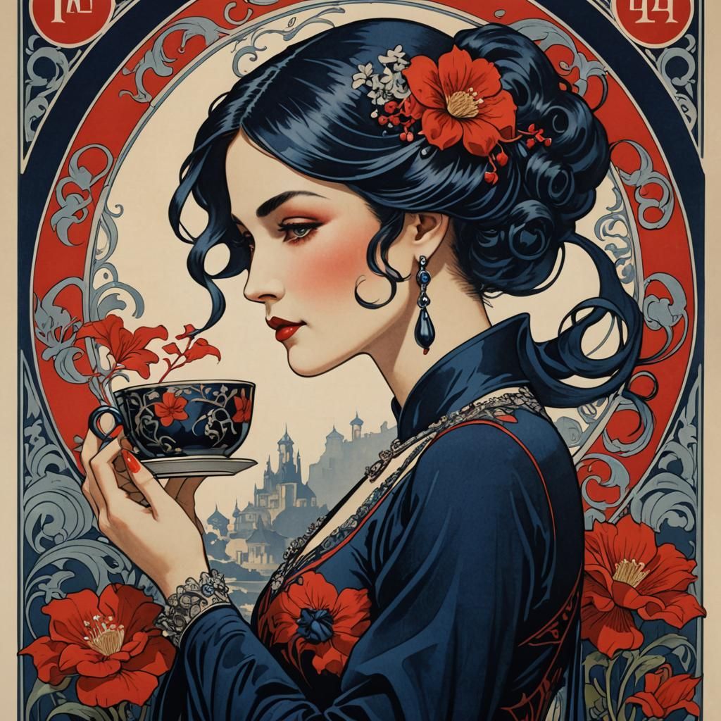 Vintage Tea Commercial Poster in Art Nouveau Style
