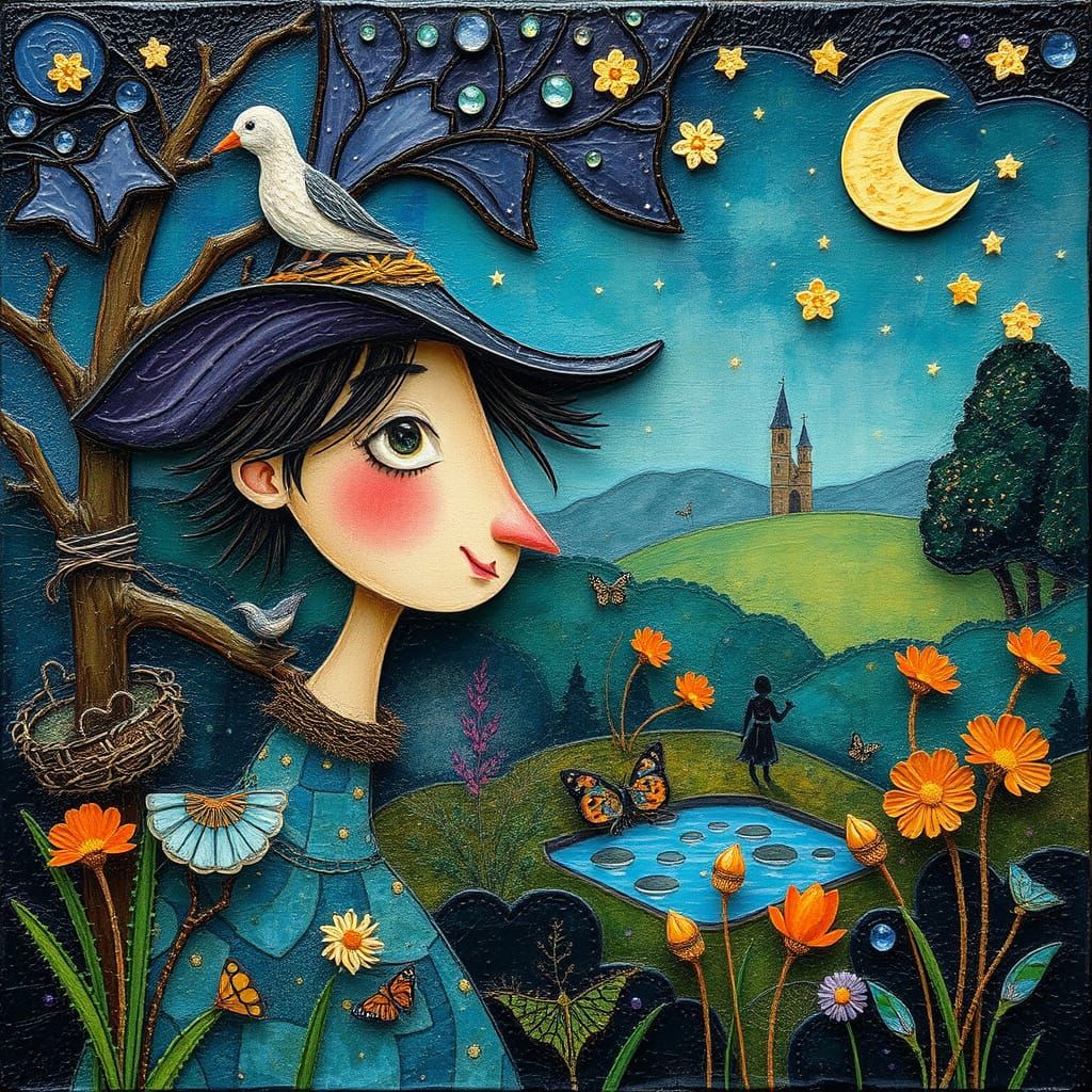 Whimsical Character in Mystical Garden with Gold Mosaic